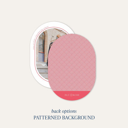 Back of Minimal Geo graduation announcement card showing patterned background option with oval cutout 