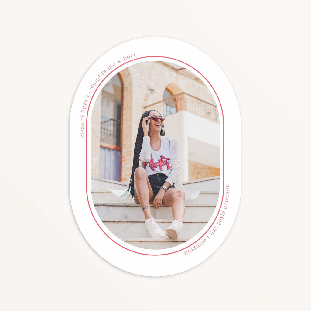 Minimal Geo graduation announcement card front view showing oval photo cutout with grad seated on outdoor steps