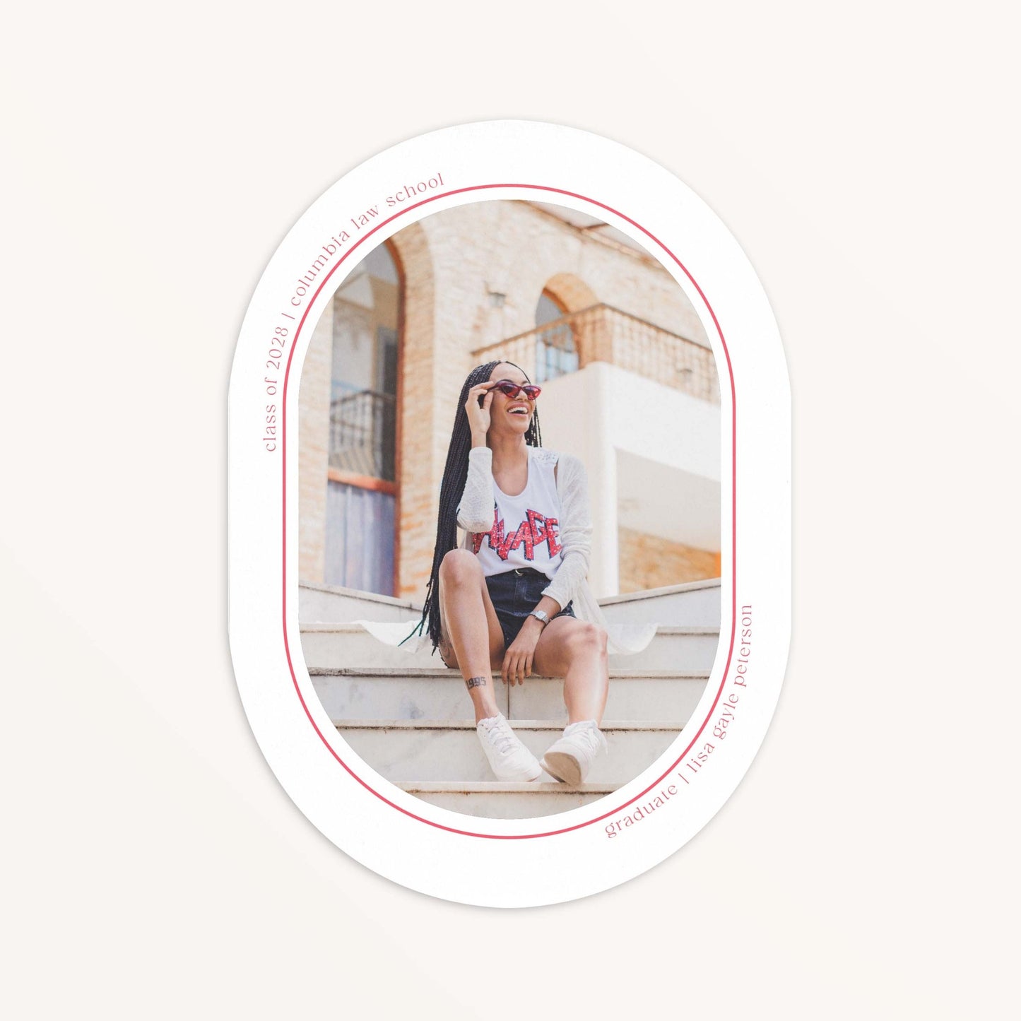 Minimal Geo graduation announcement card front view showing oval photo cutout with grad seated on outdoor steps