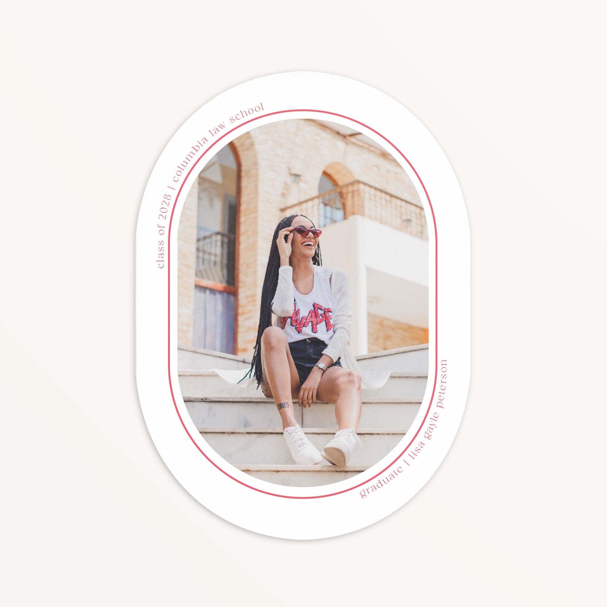 Minimal Geo graduation announcement card front view showing oval photo cutout with grad seated on outdoor steps