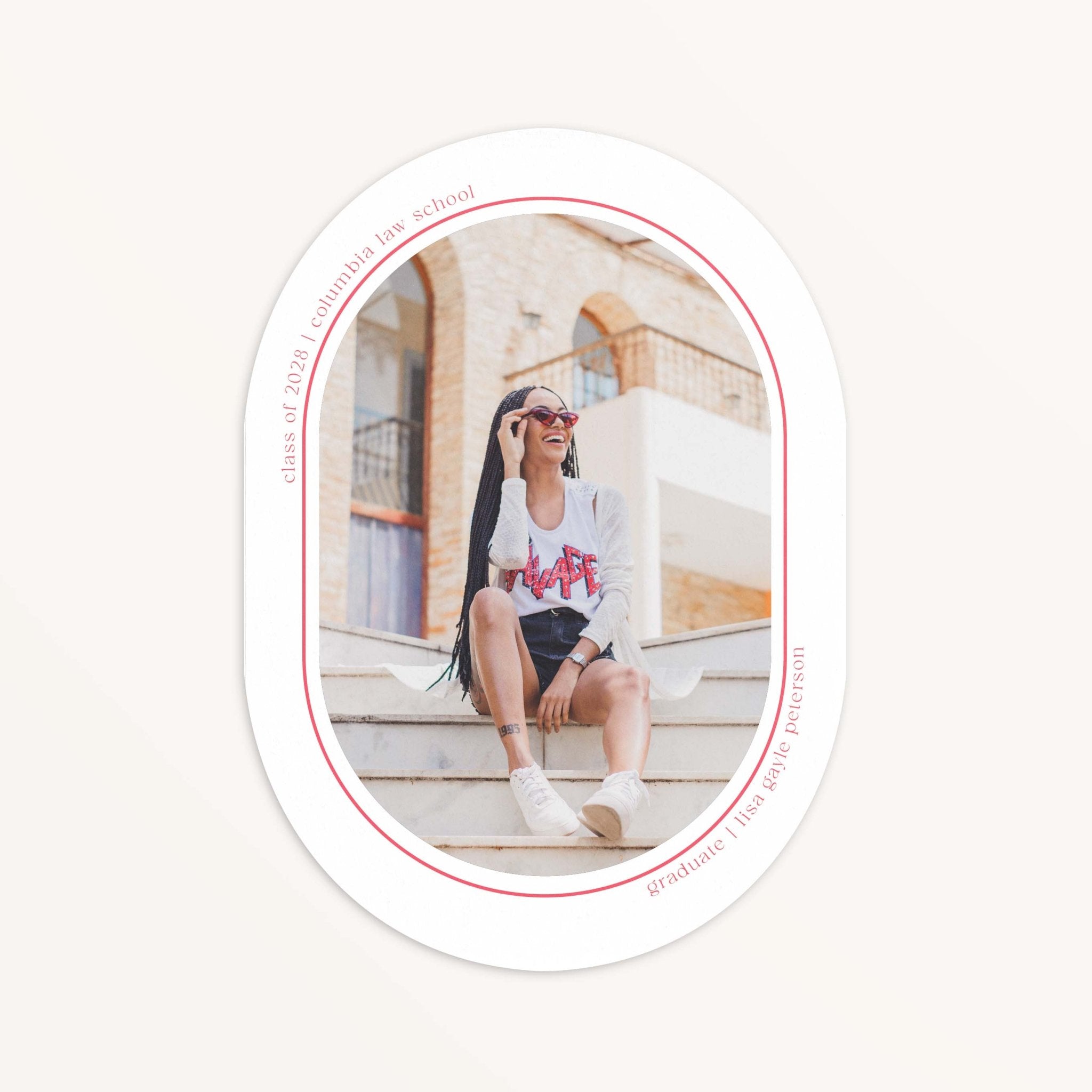 Minimal Geo graduation announcement card front view showing oval photo cutout with grad seated on outdoor steps