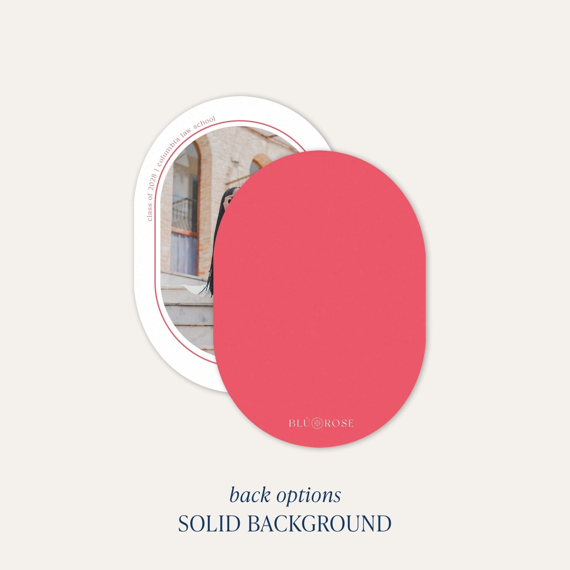 Back of Minimal Geo graduation announcement card showing solid background option with oval cutout