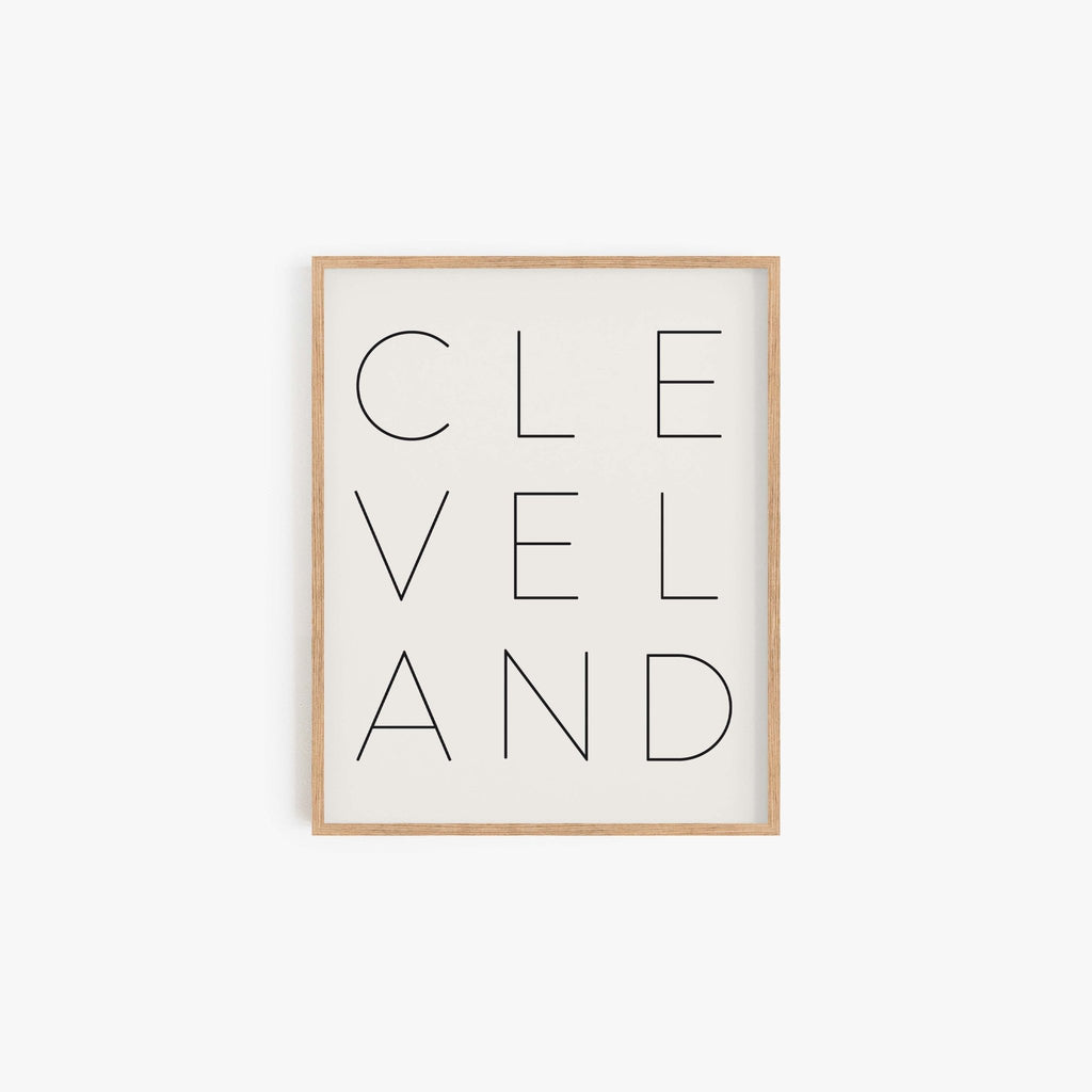 Minimalist Cleveland art print with vertical typography design on off-white background