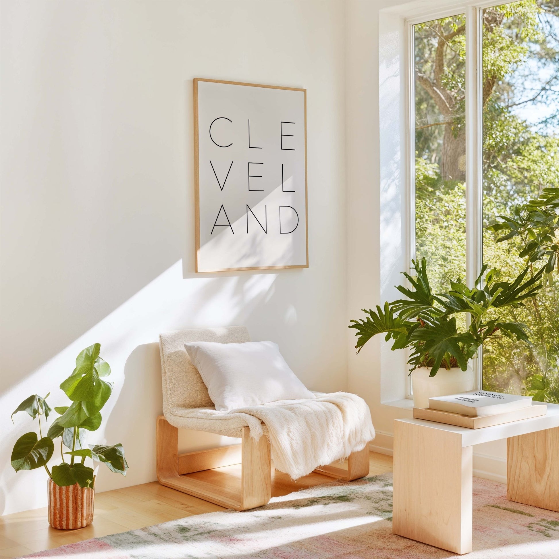 Cleveland typography wall art styled in modern living room with neutral decor and plants
