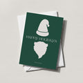 Minimalist Santa card in forest green with a white Santa silhouette and HAPPY HOLIDAYS