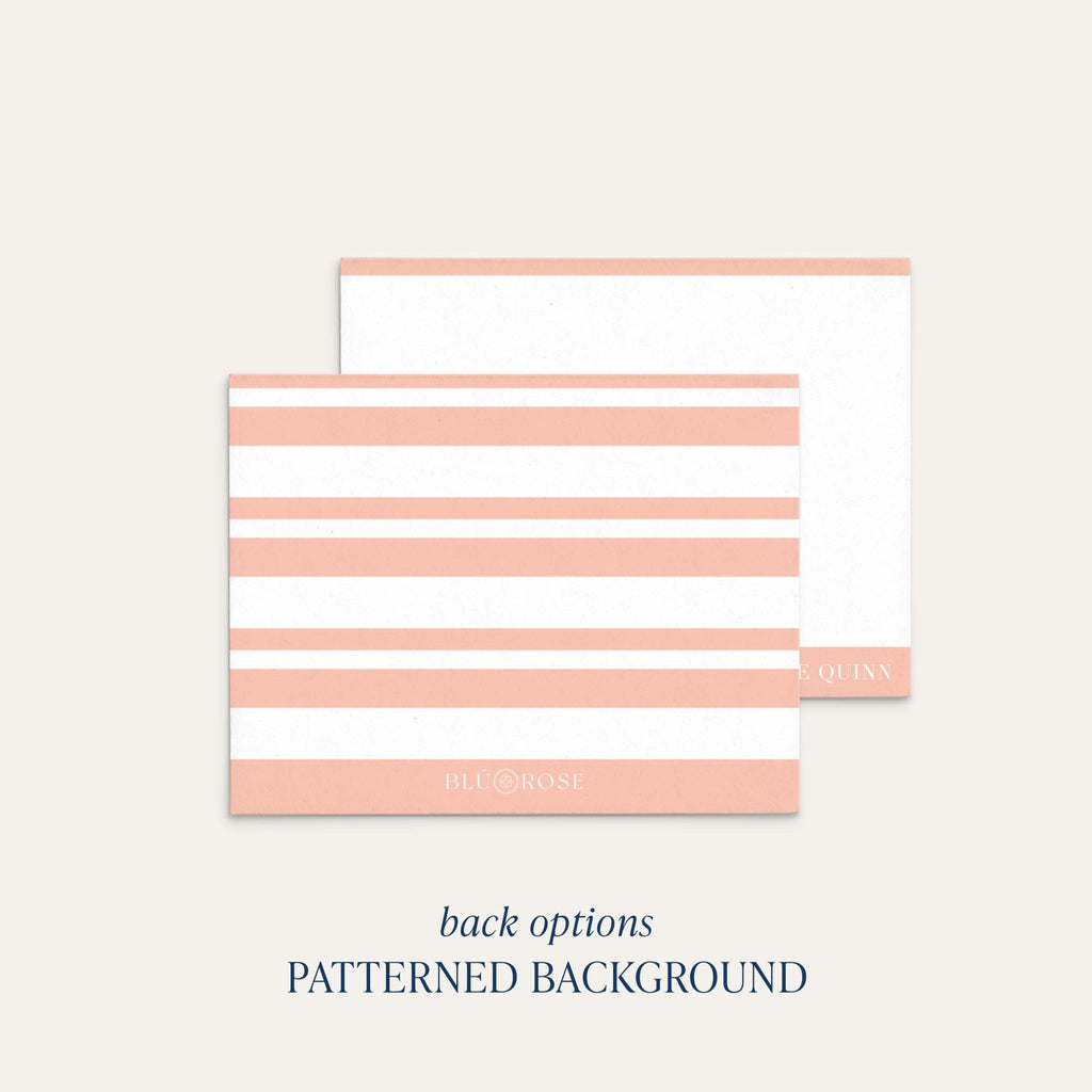 Mod Border personalized notecards by Blú Rose, peach striped patterned background back option