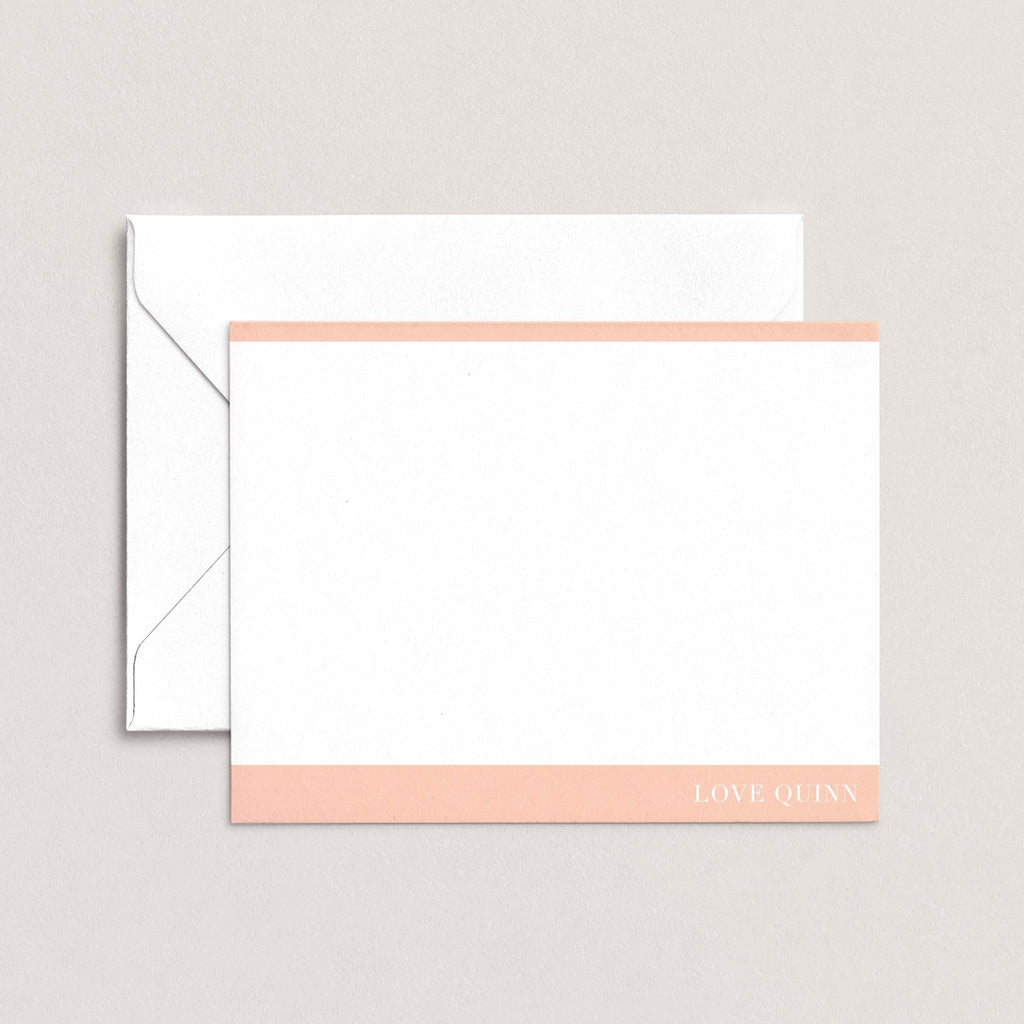 Mod Border personalized notecards by Blú Rose, white flat notecard with peach color-block borders and 'Love Quinn', shown with a coordinating white envelope