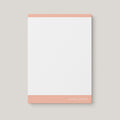 Mod Border personalized notepad by Blú Rose, white notepad with peach color-block borders and 'Love Quinn' in white