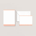 Mod Border stationery set by Blú Rose, peach color-block notepad with matching flat notecard and envelope, personalized 'Love Quinn'
