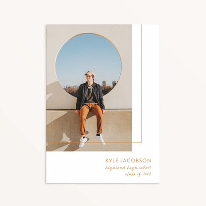 Mod Box graduation announcement card with white background, photo, front view