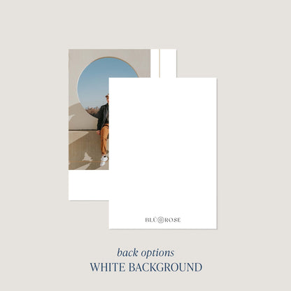 Back of Mod Box graduation announcement card showing white background option