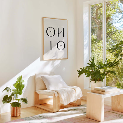 Minimalist Ohio art print styled in bright living room with plants and neutral decor