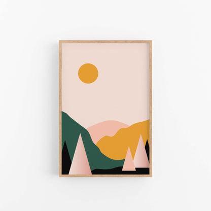 Modern geometric mountain landscape art print with sun and layered hills