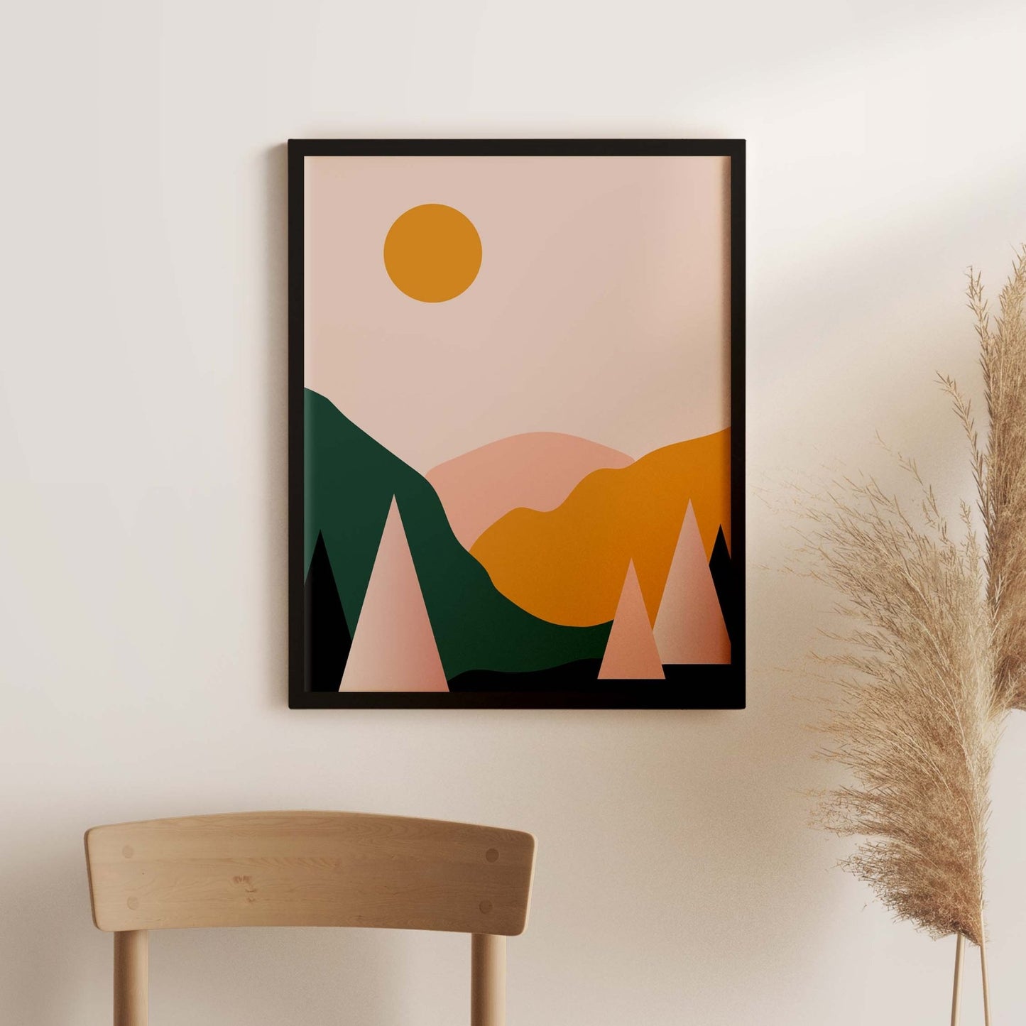 Mountain landscape wall art print in black frame with modern geometric design