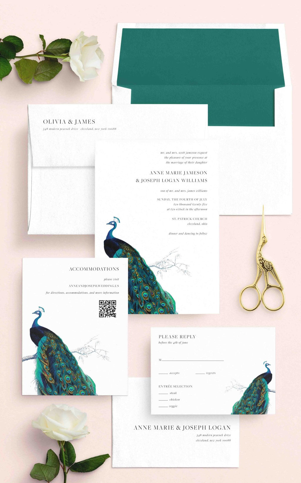 Modern Peacock Wedding Invitations - Blú Rose
