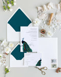 Modern Peacock wedding invitation suite by Blú Rose, invitation and reply card with a vintage peacock illustration, styled with teal-lined envelopes, ribbon, and a wax seal