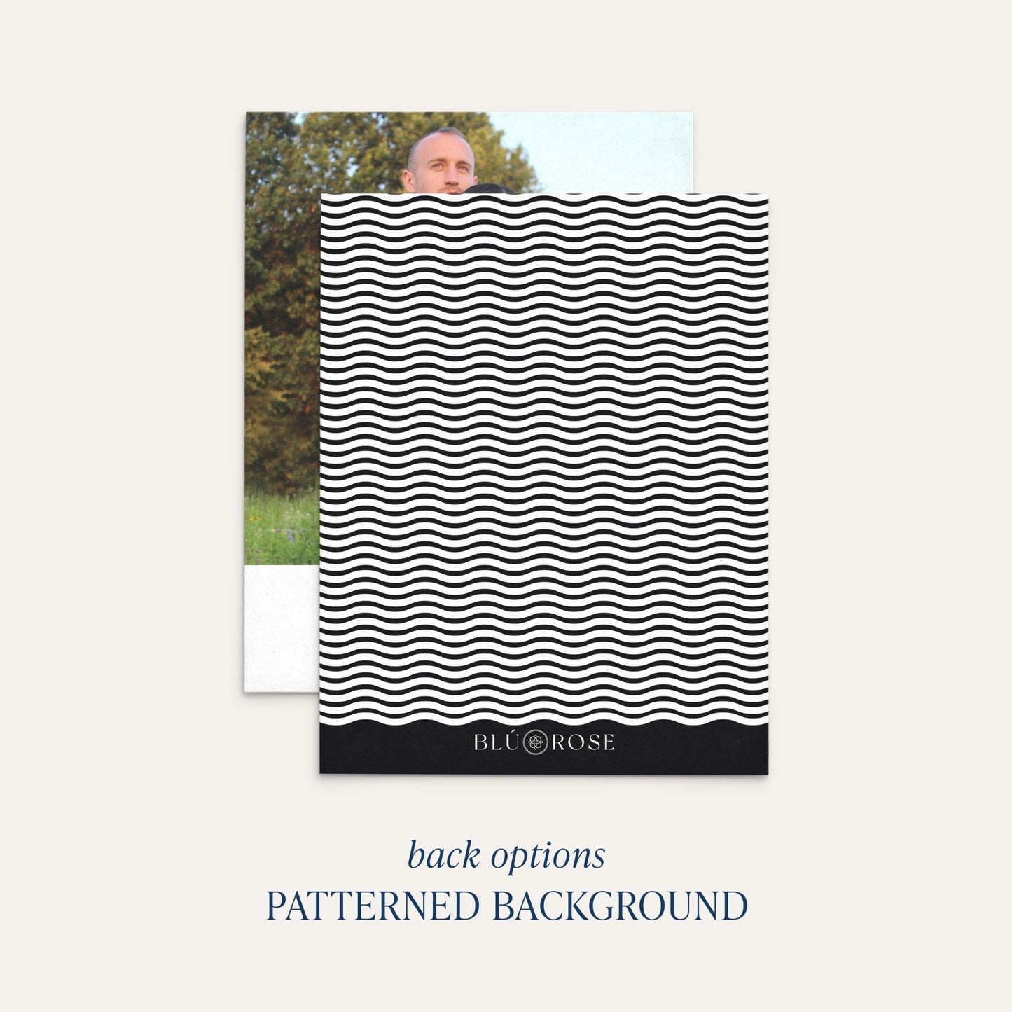 The image is a collage of two photos. The top photo shows a man's face peeking out from behind a patterned background, while the bottom photo features a black and white wavy pattern. The text below the image reads "back options PATTENED BACKGROUND".