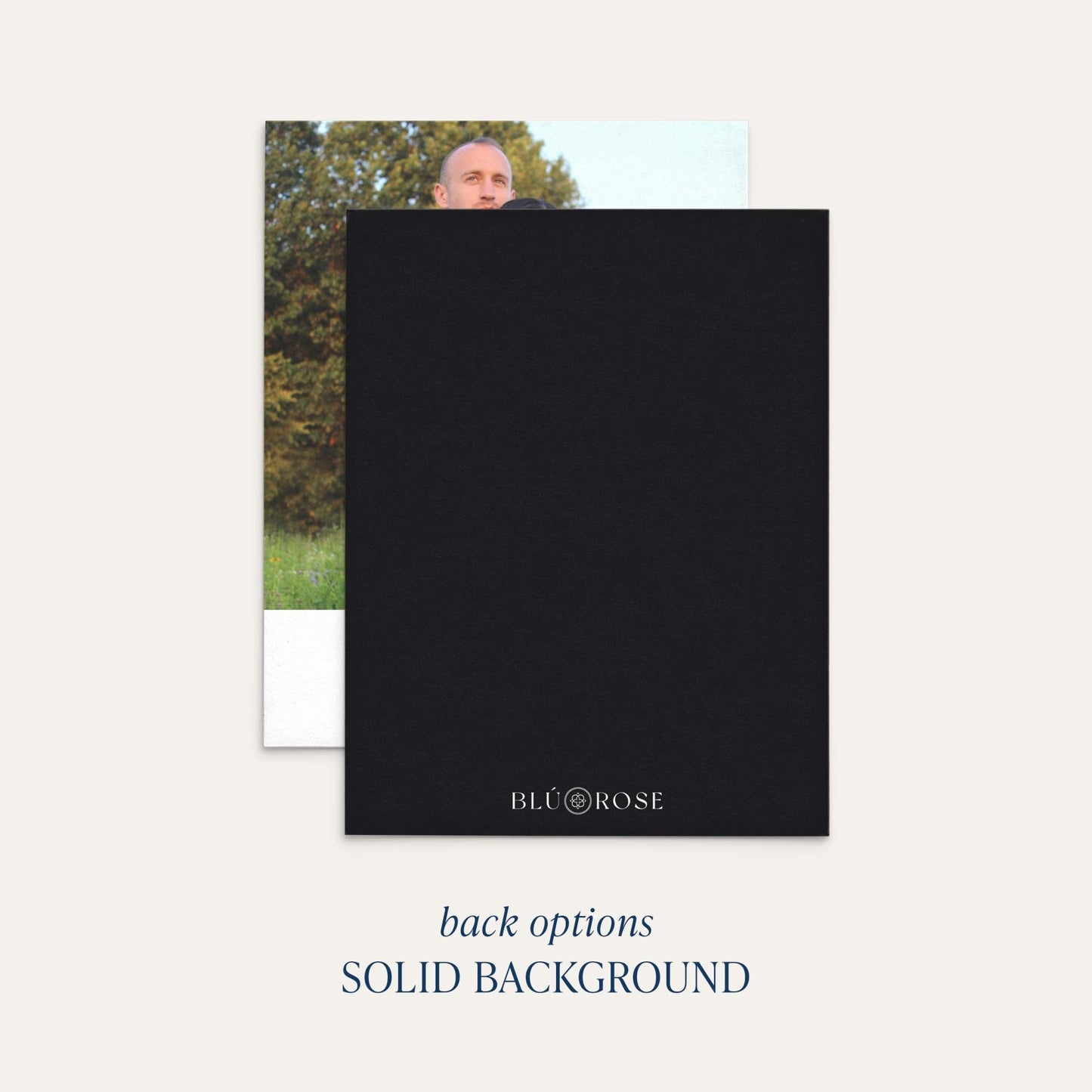 a black square with the text "BLU@ROSE" and "back options SOLID BACKGROUND" written on it.