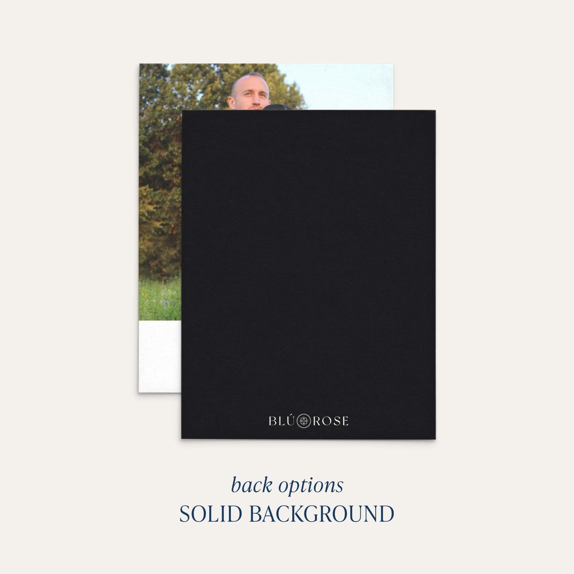 a black square with the text "BLU@ROSE" and "back options SOLID BACKGROUND" written on it.