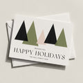 Modern Trees landscape card with olive and black triangle trees and HAPPY HOLIDAYS in serif