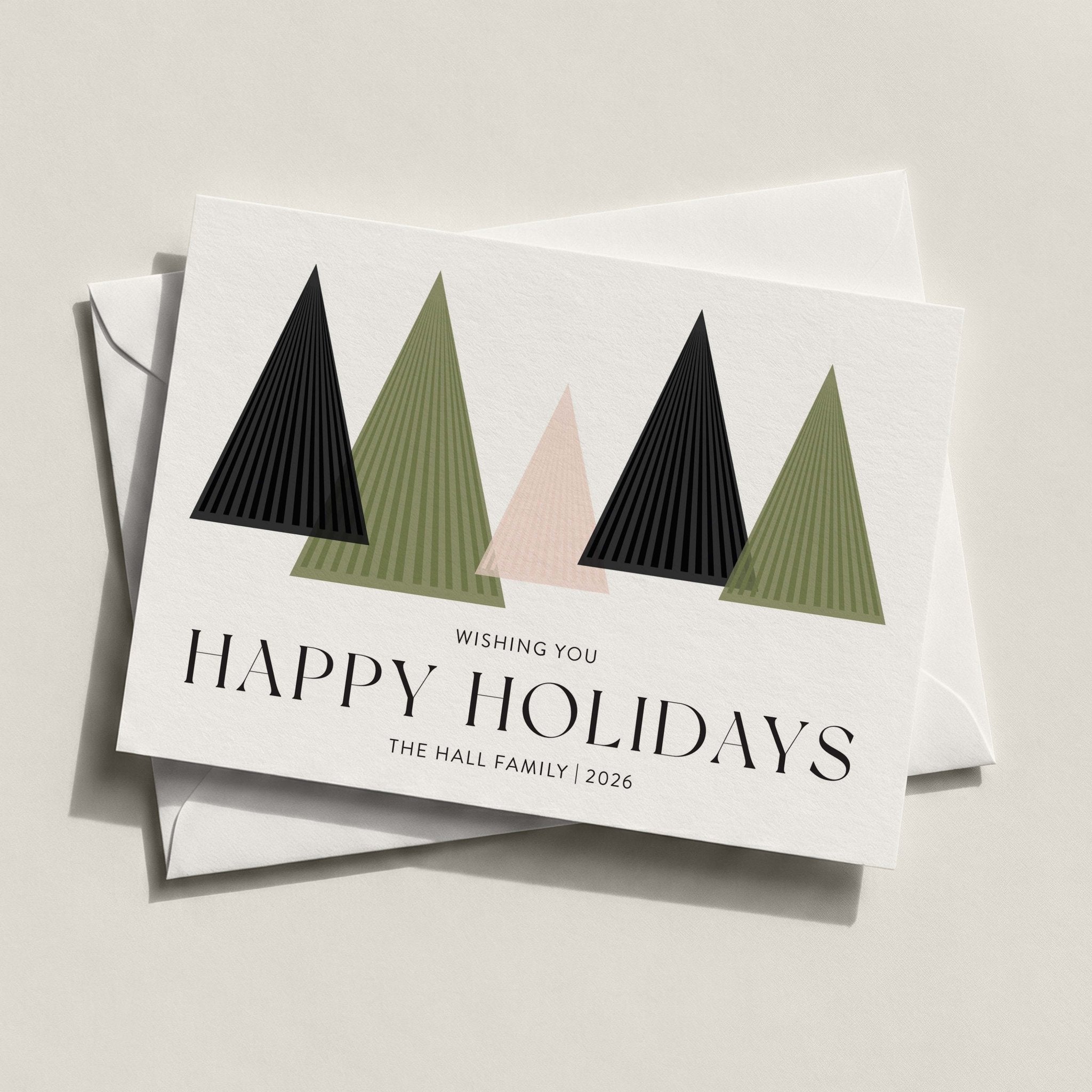 Modern Trees landscape card with olive and black triangle trees and HAPPY HOLIDAYS in serif