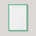 Moesha Border personalized notepad by Blú Rose, white notepad with a green border and the name 'Moesha Denise Mitchell' in green script