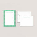 Moesha stationery set by Blú Rose, green geometric-patterned notepad with matching flat notecard and envelope, personalized 'Moesha Denise Mitchell' in green script