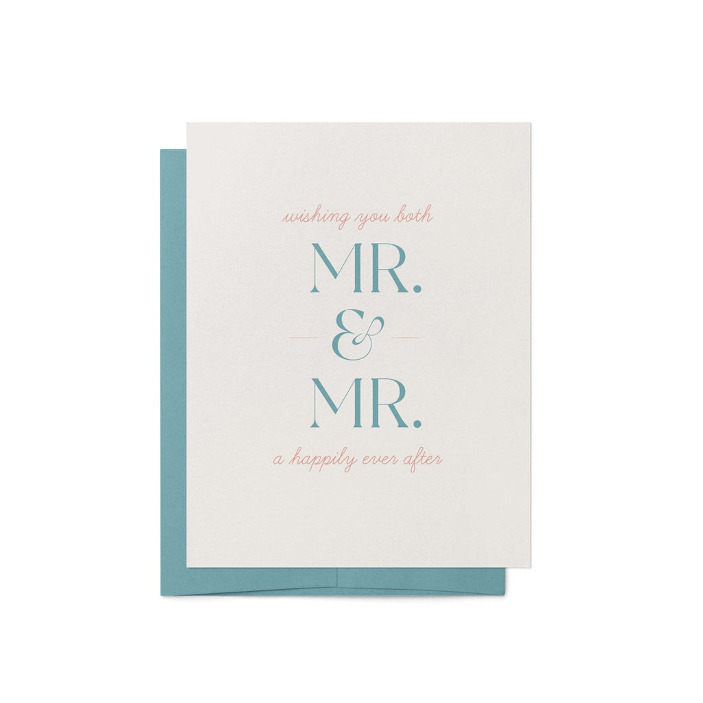 Mr. + Mr. wedding greeting card with teal envelope, modern typography