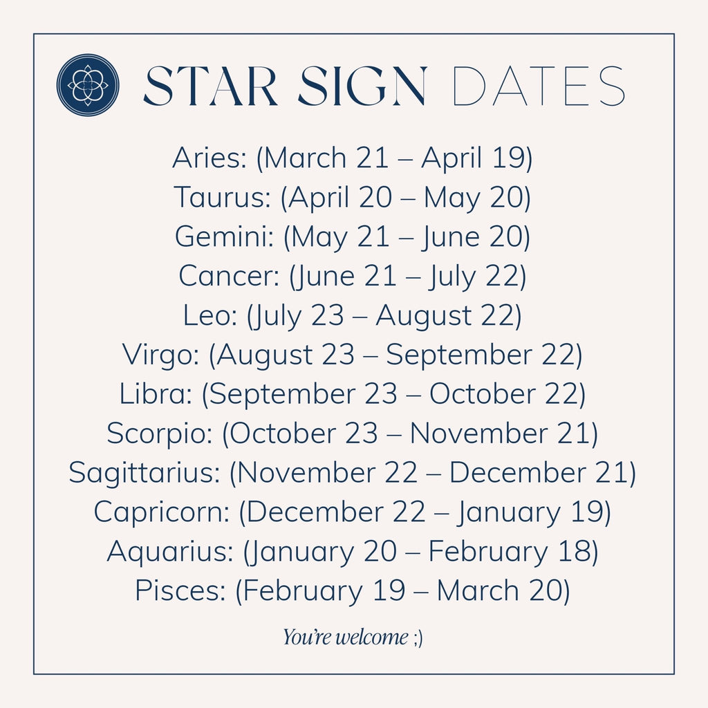 Blú Rose star sign dates reference card listing all 12 zodiac signs and their corresponding date ranges