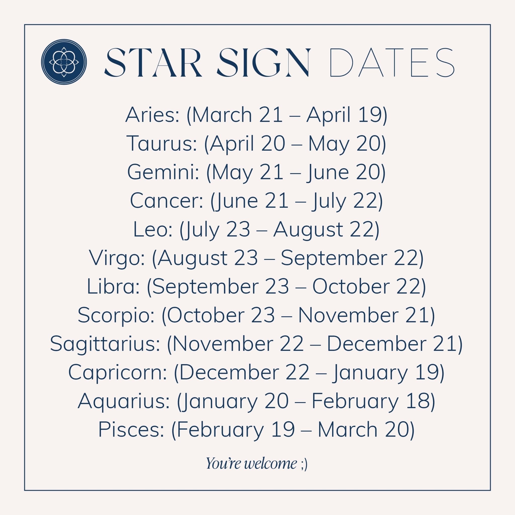 Blú Rose star sign dates reference card listing all 12 zodiac signs and their corresponding date ranges