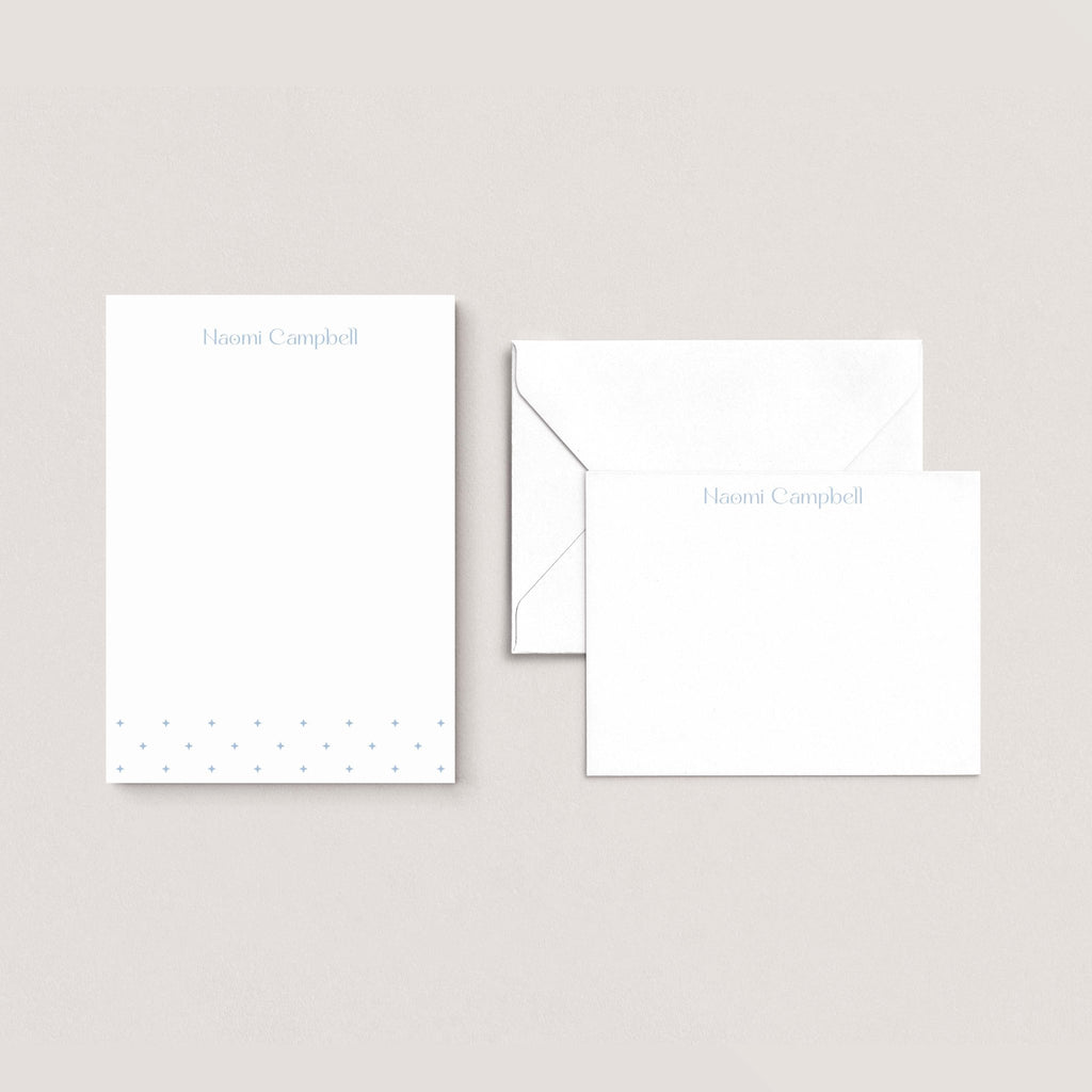 Naomi notepad and notecard set by Blú Rose, dusty blue star-accent notepad with matching flat notecard and envelope, personalized 'Naomi Campbell'