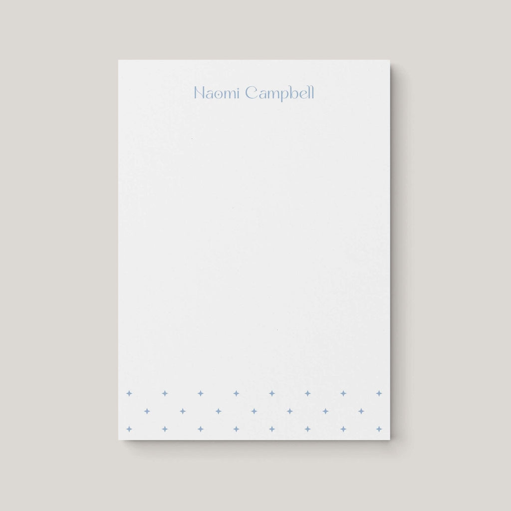 Naomi Star personalized notepad by Blú Rose, white notepad with the name 'Naomi Campbell' in dusty blue and a dusty blue star border