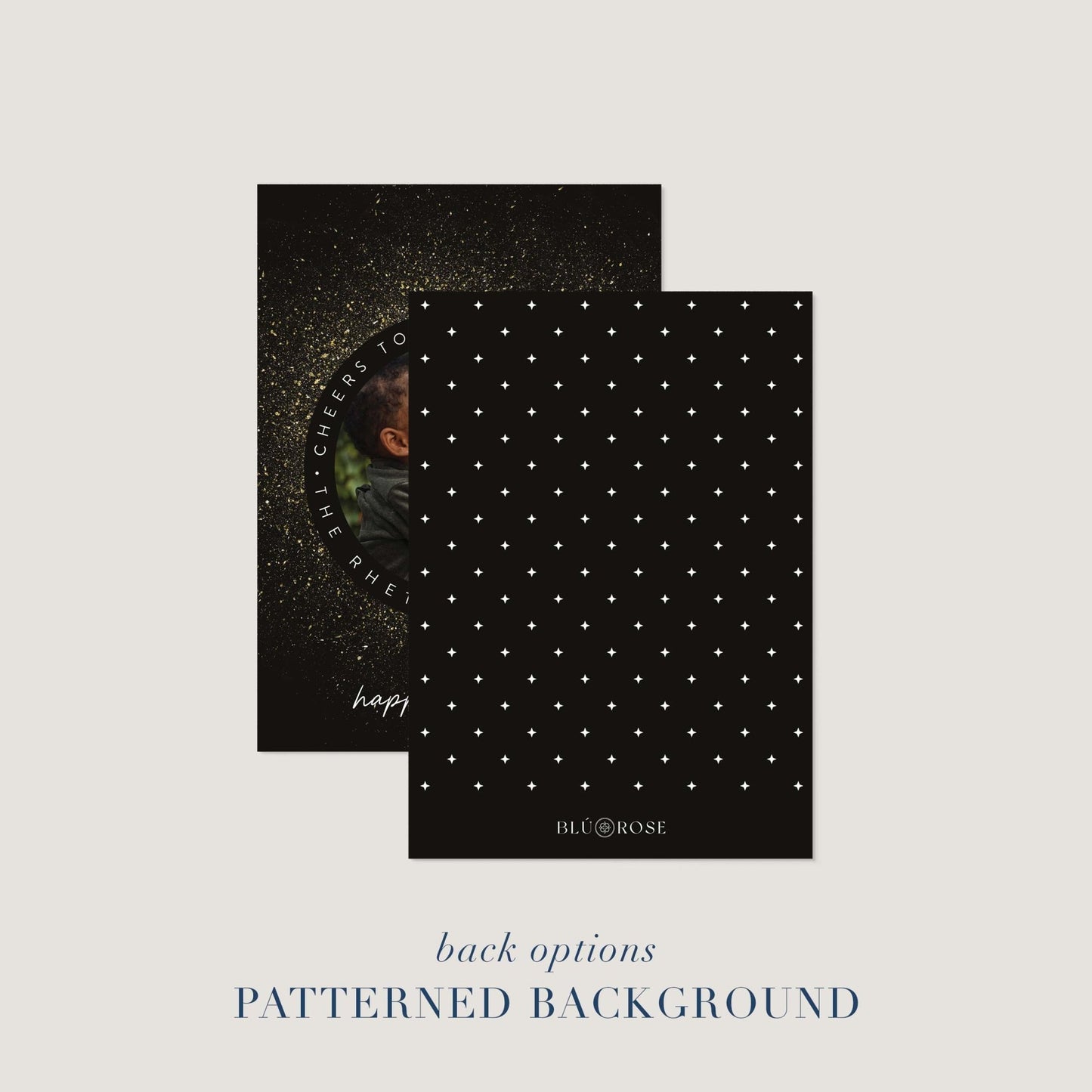 New Year Sparkle holiday card shown with patterned black background option