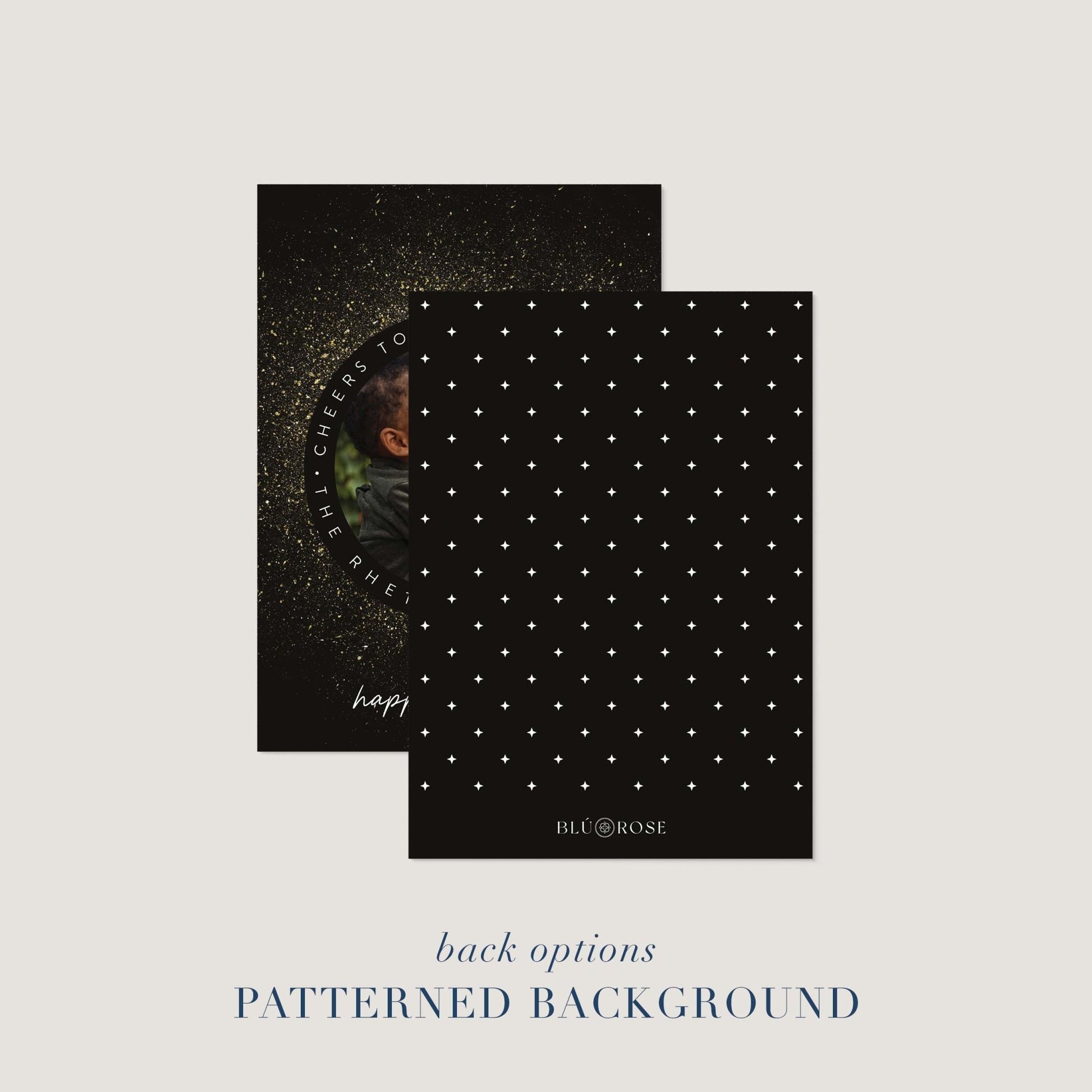 New Year Sparkle holiday card shown with patterned black background option