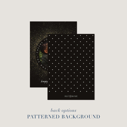 New Year Sparkle holiday card shown with patterned black background option