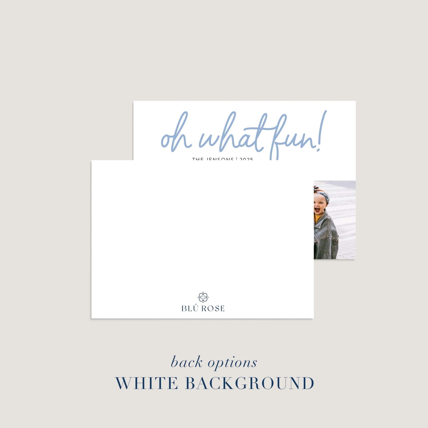 Alternate back design for Oh What Fun holiday photo card with white background and family photos.
