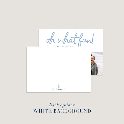 Alternate back design for Oh What Fun holiday photo card with white background and family photos.