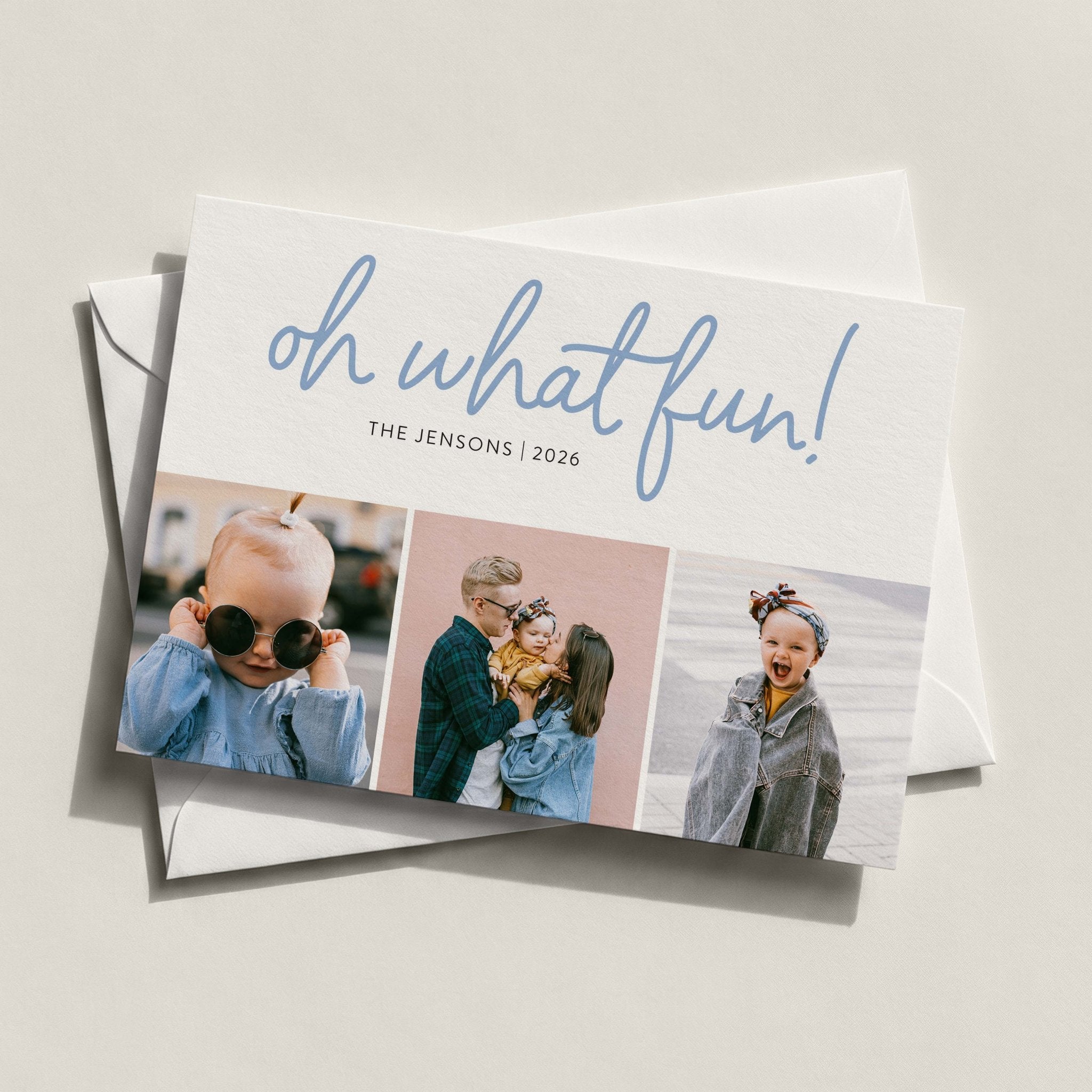 Oh What Fun landscape photo card with three family photos and oh what fun! in blue script