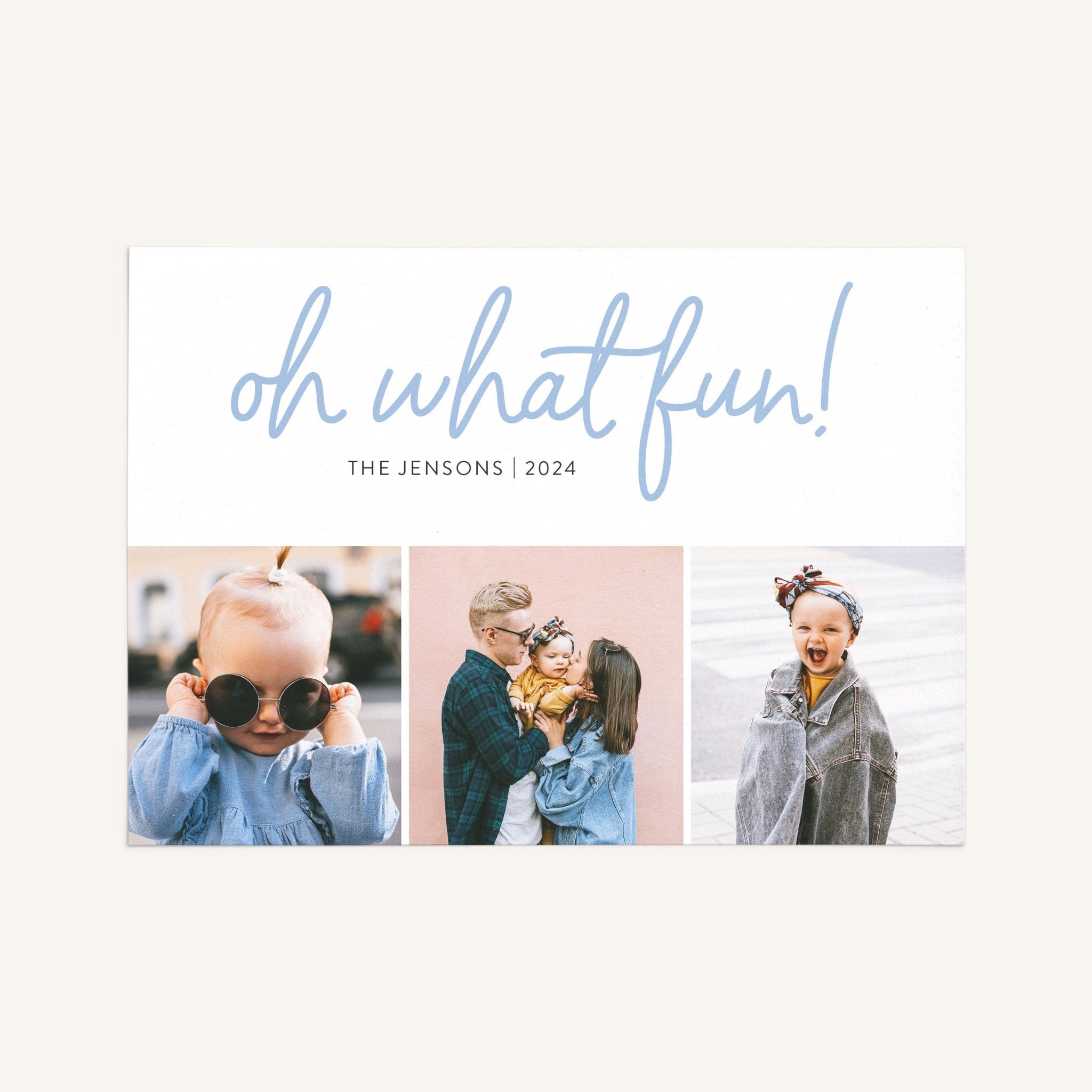 Modern holiday photo card with three pictures and Oh What Fun text in light blue script.