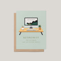 Greeting card with a computer desk illustration and retirement message on a light green background.