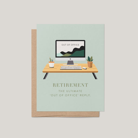 Greeting card with a computer desk illustration and retirement message on a light green background.