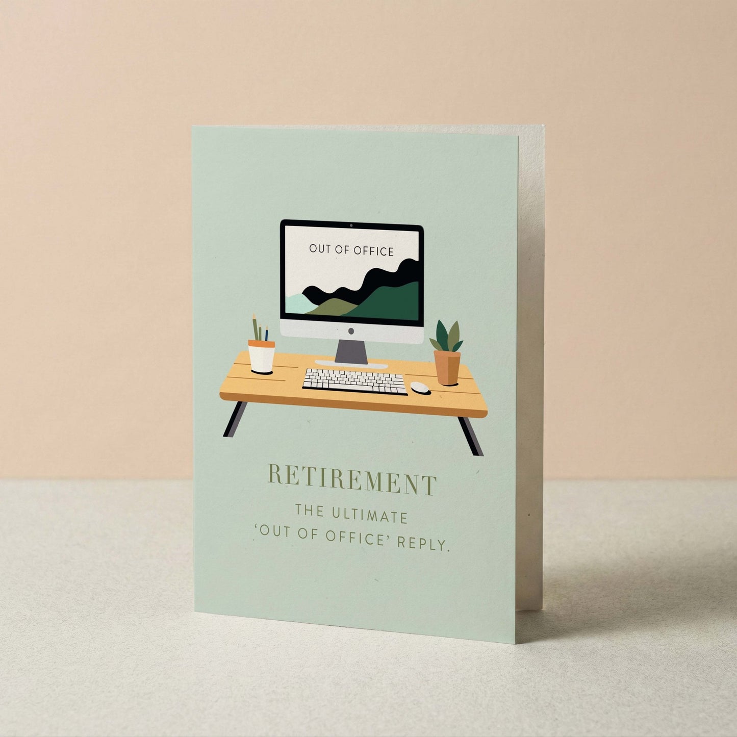 Greeting card with a desk illustration and 'Retirement' text on a light green background