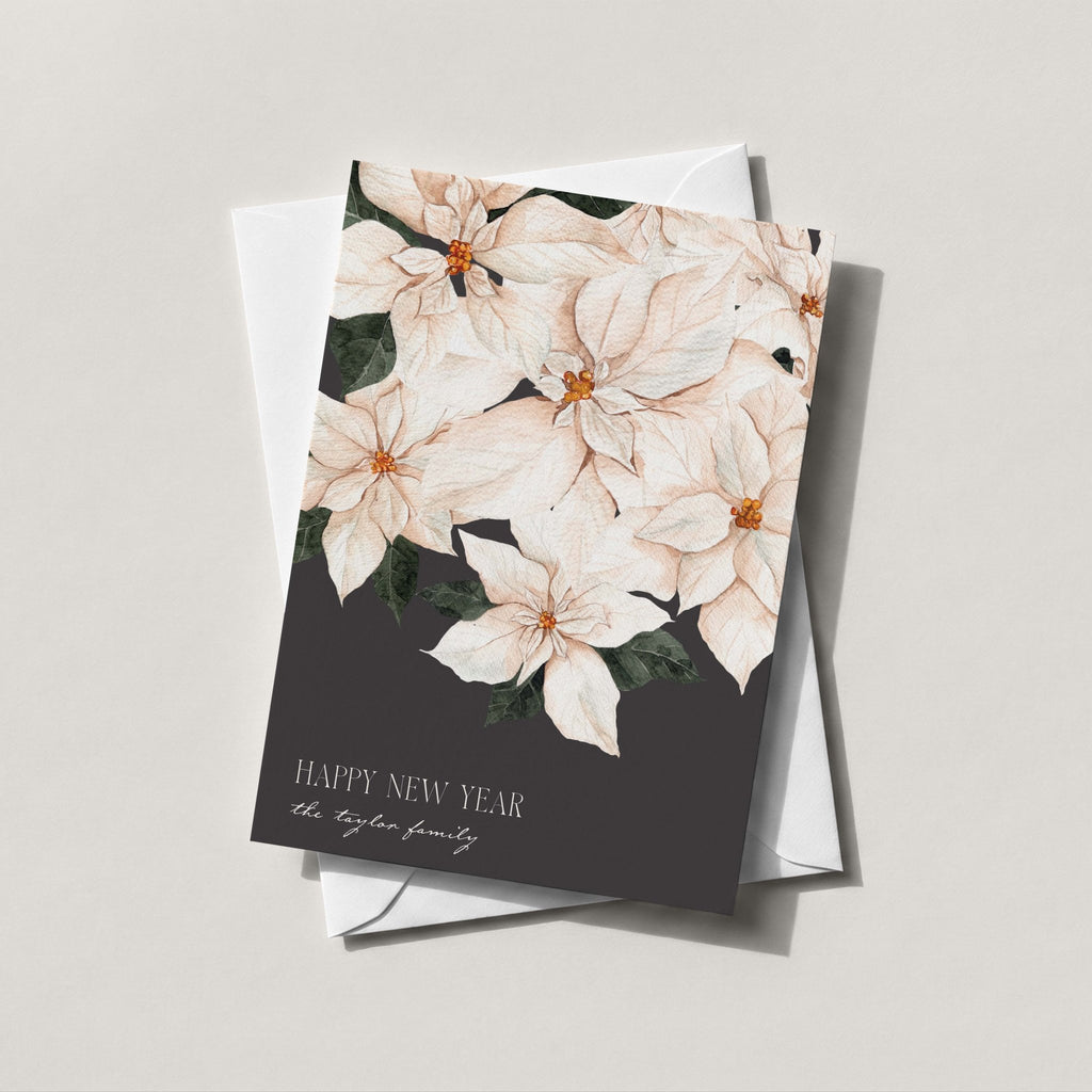 Perfect Poinsettia holiday card in charcoal with painted white poinsettia blooms, on a white envelope