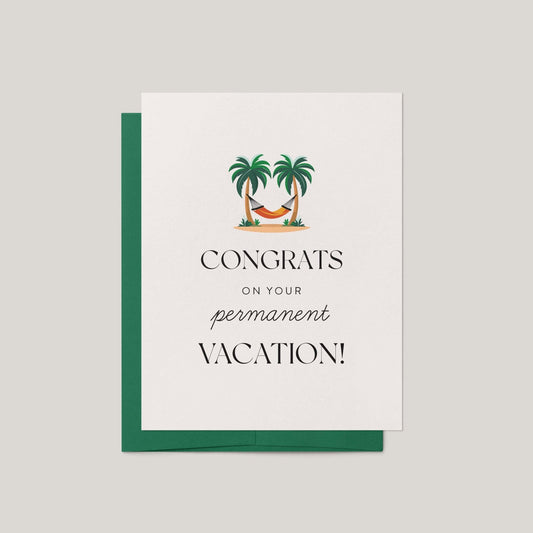 Greeting card with palm trees and a hammock design on a white background
