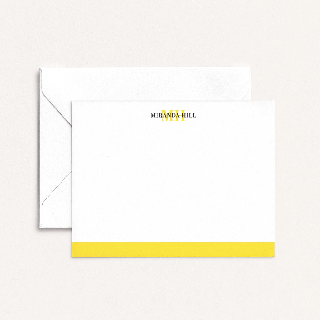 Personalized color bar notecards with yellow bar and white envelope