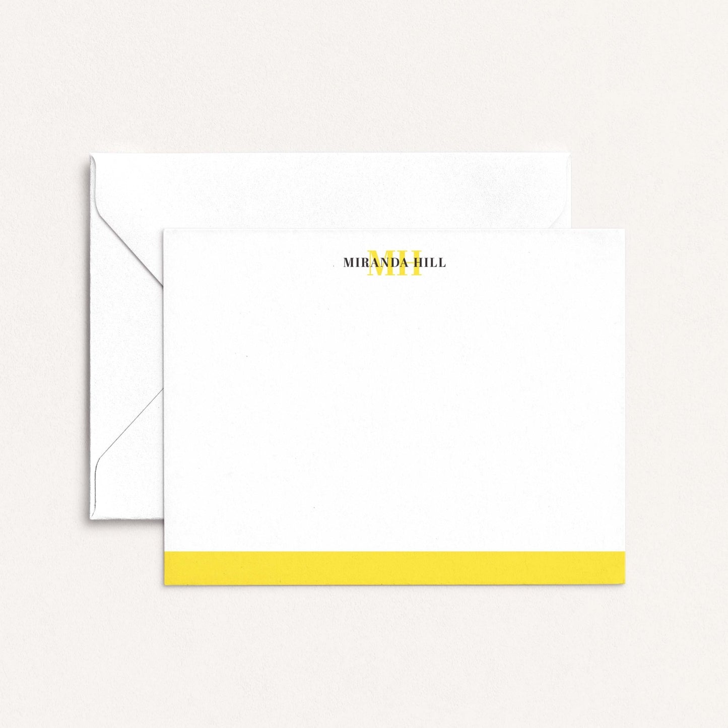 Personalized color bar notecards with yellow bar and white envelope