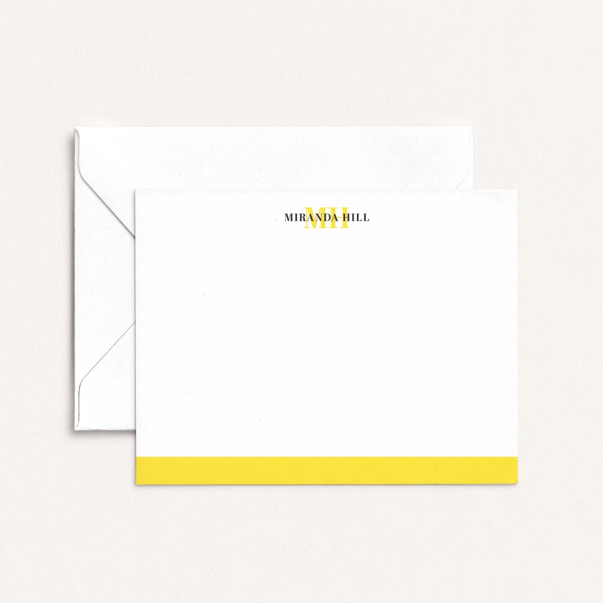 Personalized color bar notecards with yellow bar and white envelope