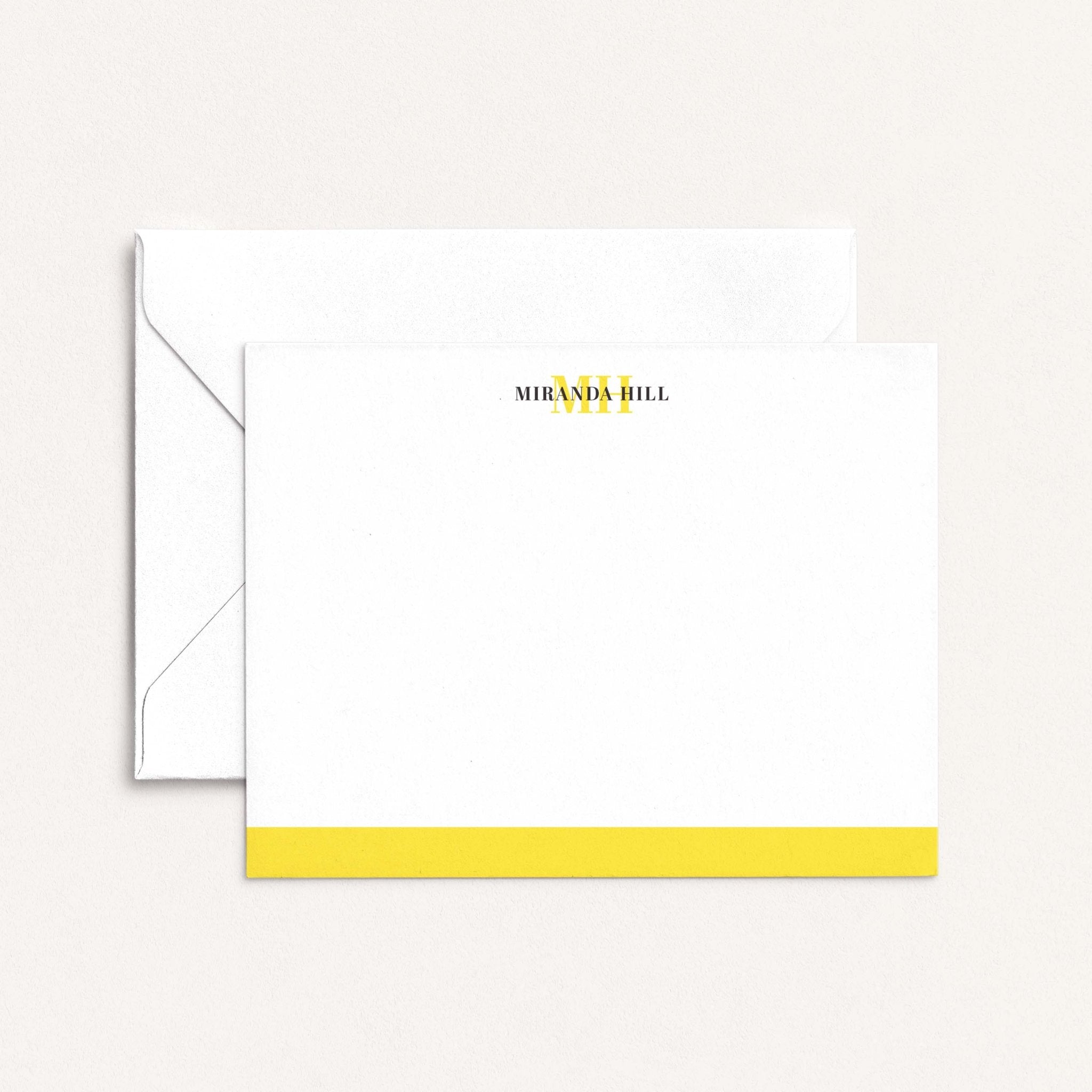Personalized color bar notecards with yellow bar and white envelope