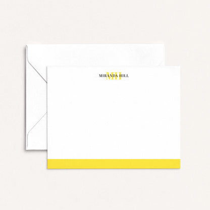 Personalized color bar notecards with yellow bar and white envelope