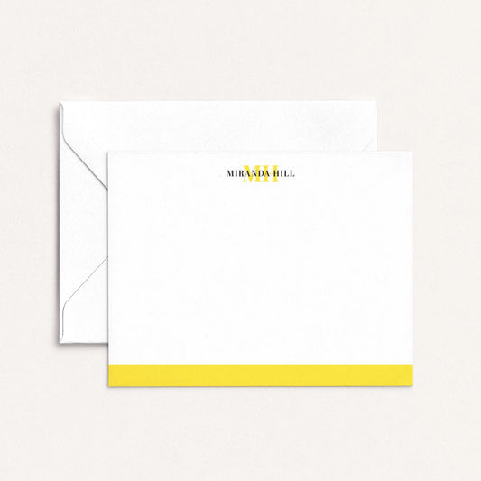 Personalized color bar notecards with yellow bar and white envelope